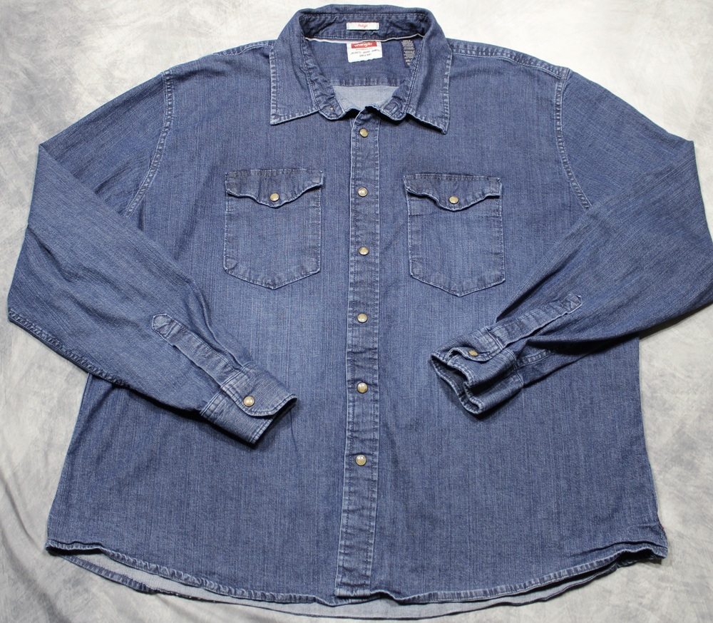Wrangler Shirt Mens 3XL Blue Denim Long Sleeve Pearl Snap Western Relaxed Fit